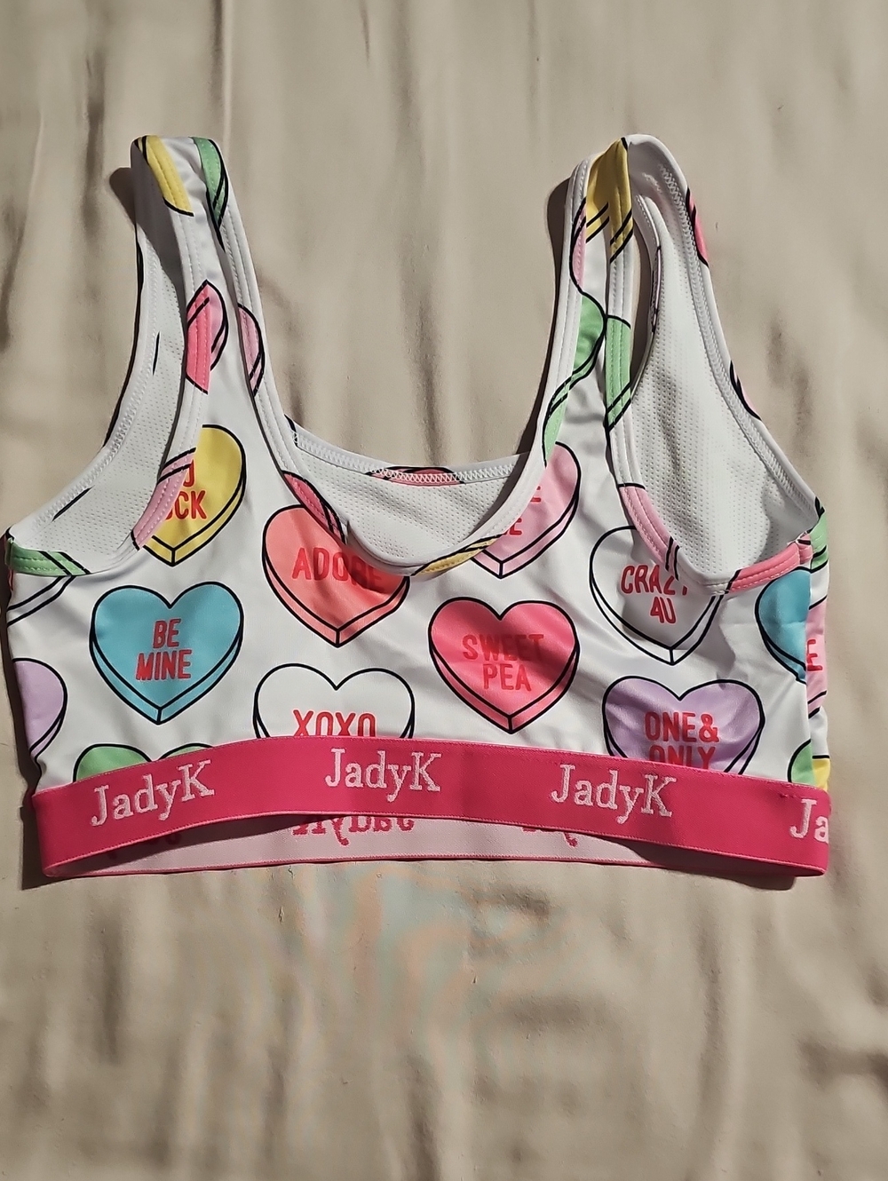 JadyK White Heart-Print Sports Bralette with Pink Logo Band